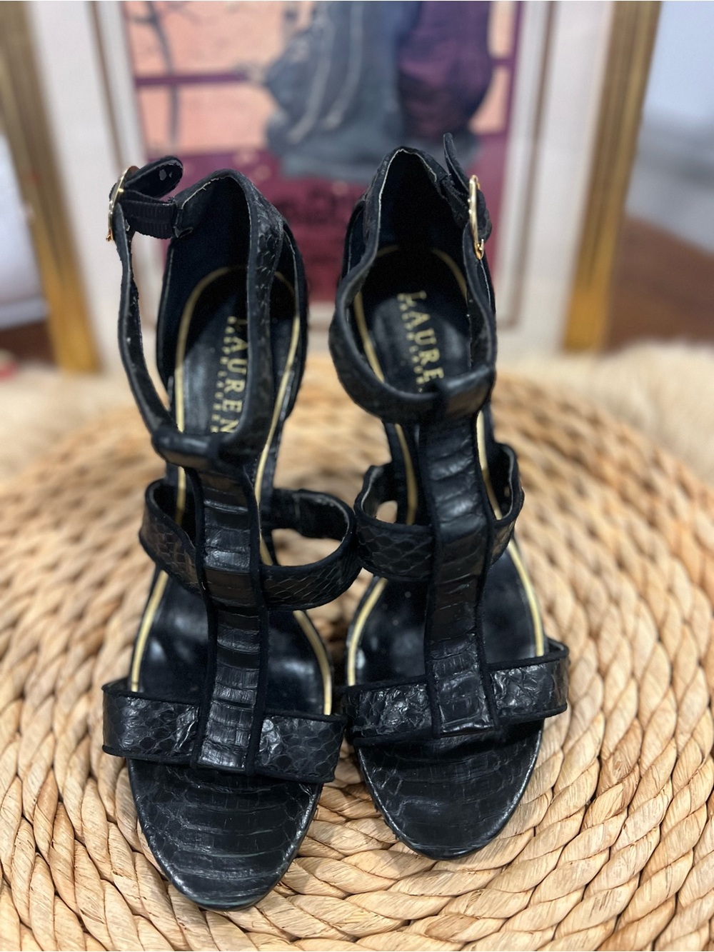 LAUREN Ralph Lauren Black Croc-Embossed T-Strap Heels